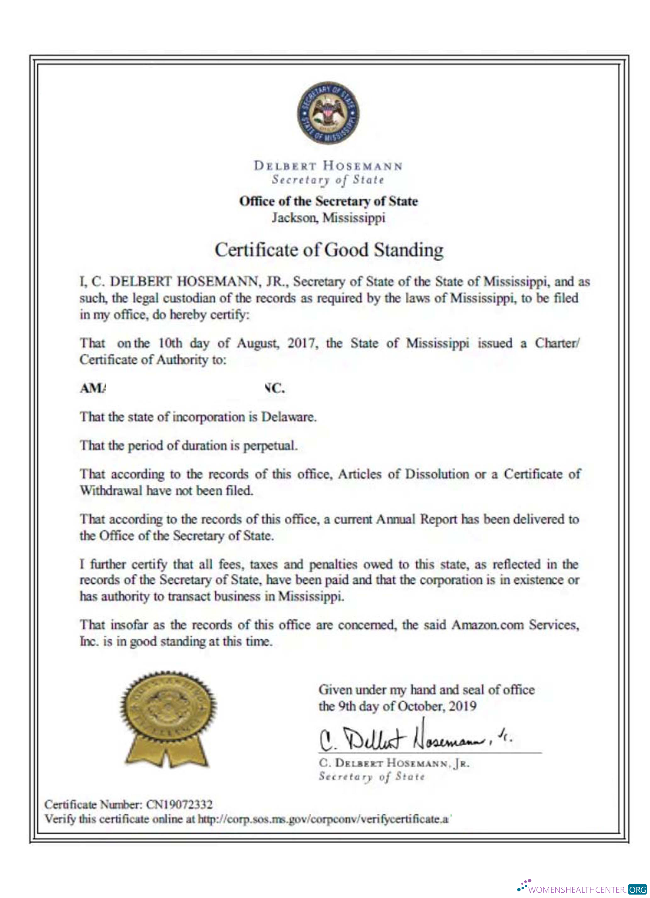 Download USA Mississippi certificate of good standing Photoshop template